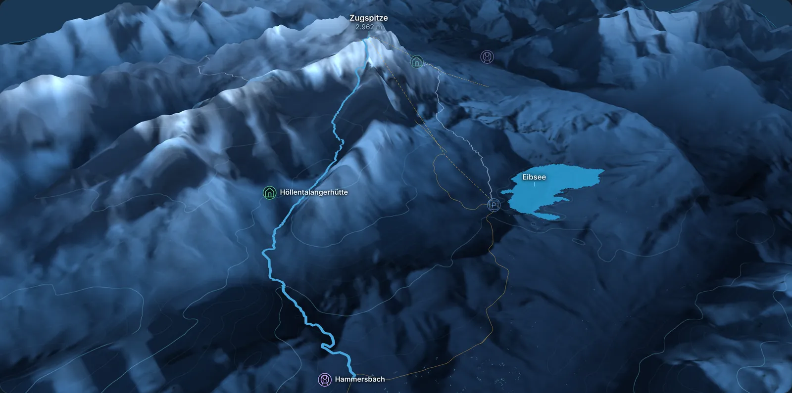 3D-Karte der Zugspitze mit eingezeichneter Route durch das Höllental, Hütte, Bahnhof Hammersbach und Eibsee